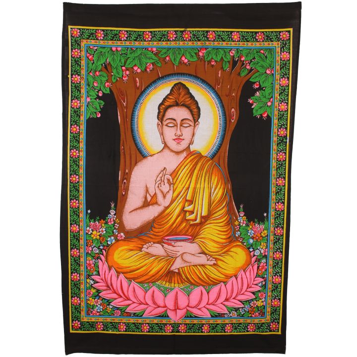 Wanddoek Boeddha op lotus onder Bhodhiboom
