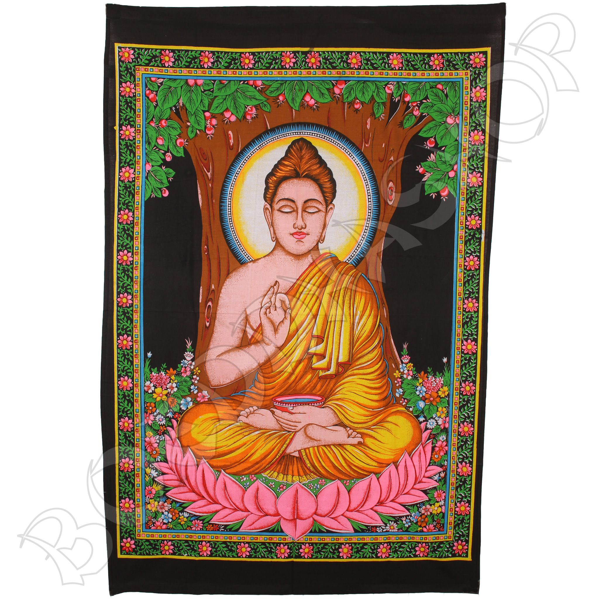Wanddoek Boeddha op lotus onder Bhodhiboom