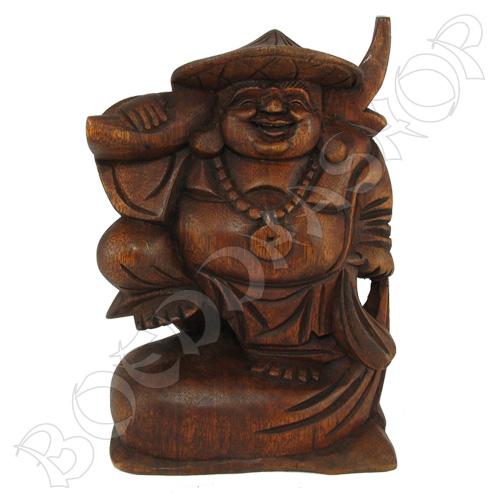 Houten Happy Boeddha met hoed