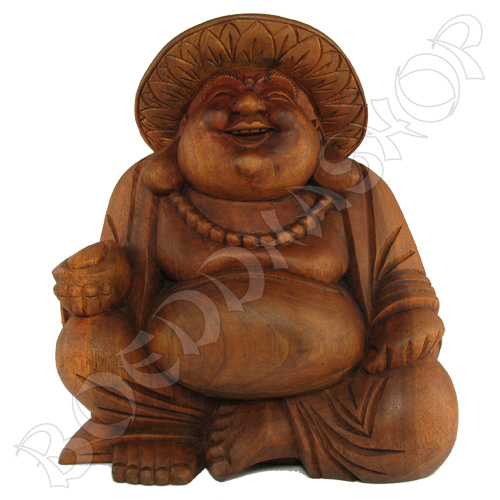 Houten happy Boeddha met hoed